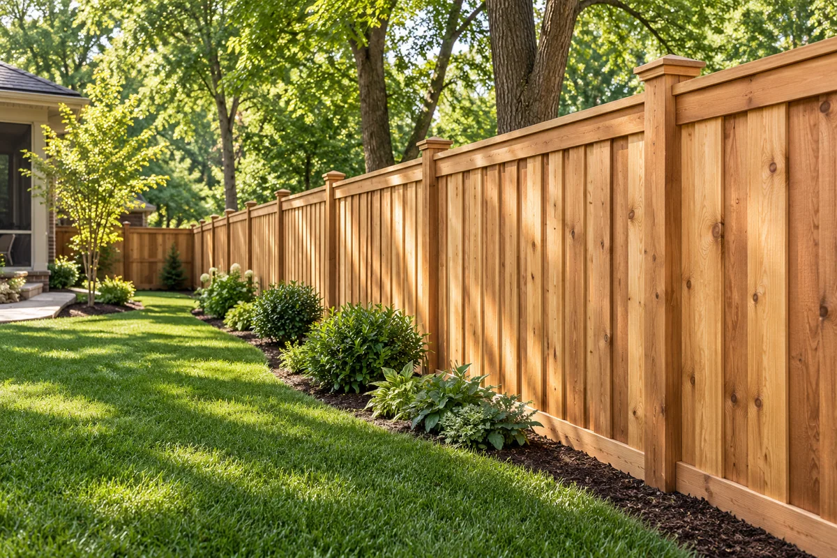 Cedar privacy fencing bordering a leafy backyard